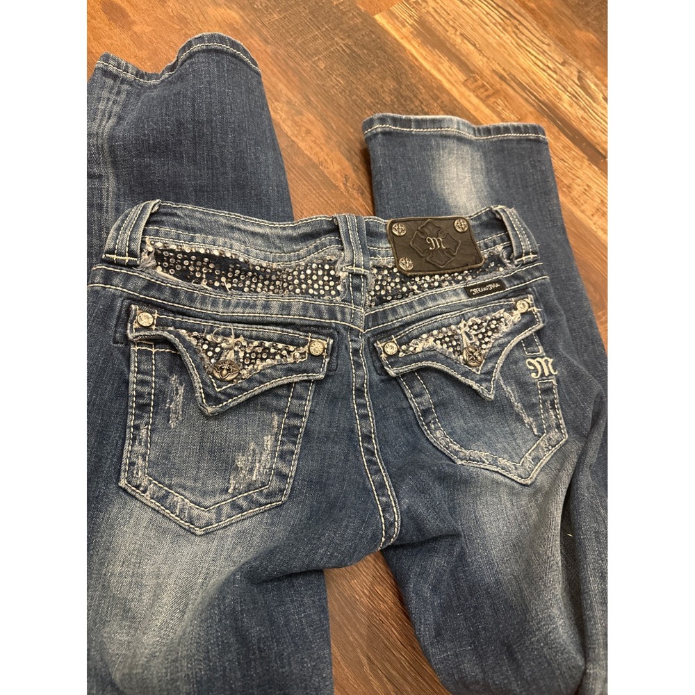 Miss Me Easy Boot Distressed Rhinestone Jeans JE5422EL Size 25 Inseam 33